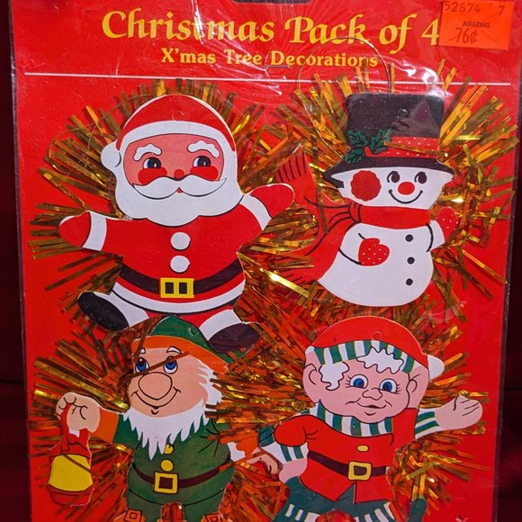 Unopened Package Of 4 Vtg Varied Gold Tinsel Cardboard Christmas Spray Ornament - Picture 2 of 5